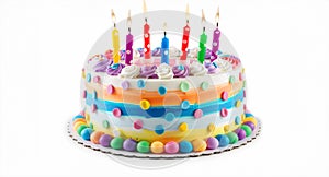 A colorful birthday cake with candles on it. The candles lit and the cake is decorated with colorful frosting on a white plate.