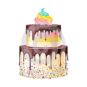 Colorful birthday cake decorated with melted chocolate vector illustration. photo