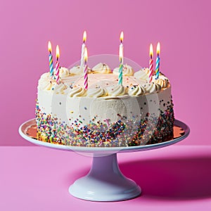 A colorful birthday cake with lit candles, creamy frosting, and sprinkles on a pink background.