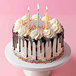 A colorful birthday cake with lit candles, creamy frosting, and sprinkles on a pink background.