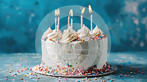 Colorful Birthday Cake with Lit Candles and Festive Sprinkles