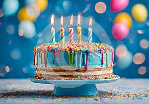 Colorful birthday cake with lit colored candles.