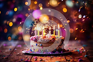 Colorful birthday cake with sprinkles and burn candles. Generative ai image