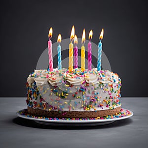 Colorful birthday cake with sprinkles and candles on a blue gray background. Generated AI