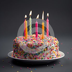 Colorful birthday cake with sprinkles and candles on a blue gray background. Generated AI