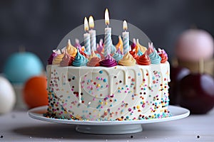 Colorful birthday cake with sprinkles and candles on dark background