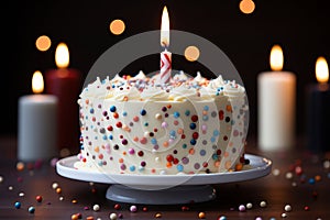Colorful birthday cake with sprinkles and candles on dark background