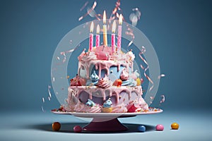 Colorful birthday cake with sprinkles and candles. Generative AI