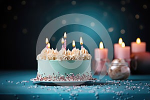 Colorful birthday cake with sprinkles and six candles on a blue background with copyspace