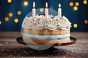 Colorful birthday cake with sprinkles and three candles on a wooden table. AI Generated