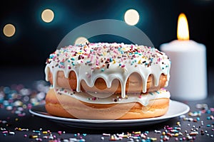 Colorful birthday cake with sprinkles and white frosting with a candle in the background. AI Generated