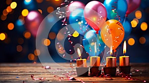 A Colorful Birthday Celebration Balloons Cake and Candles Background