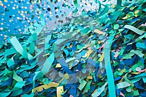 colorful birthday flying festive party background carnival celebration event confetti blue. Generative AI.