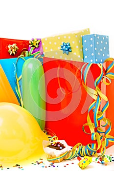 Colorful birthday gift boxes isolated on white background. Birthday, christmas and party concept