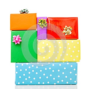 Colorful birthday gift boxes isolated on white background. Birthday, christmas and party concept