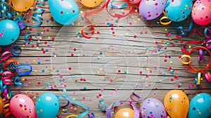 colorful birthday party decoration on a table, ballons, ribbons and confetti