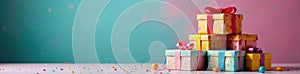 Colorful birthday presents in a pyramid stack , occasion, gift boxes, presents