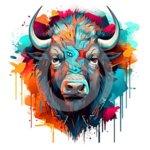 Colorful bison on clean background, DTG Printing, DTF Transfer, Sublimation designs, Buffalo Clipart. Wild Animals. Illustration,