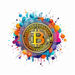 Colorful Bitcoin Splash Icon With Cybersteampunk Twist