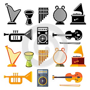 Colorful and black silhouettes of popular classic music instruments photo