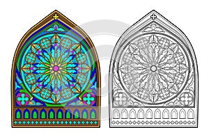 Colorful and black and white image of Gothic stained glass window with beautiful rose in center. Printable worksheet.