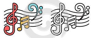 Colorful and black and white music notes for coloring book