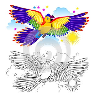 Colorful and black and white page for coloring book for kids. Fantasy drawing of cute parrot flying on the sky.
