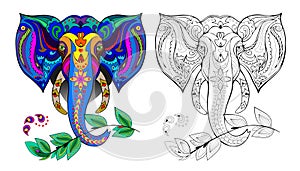 Colorful and black and white page for coloring book for kids. Illustration of stylized Indian elephant head.