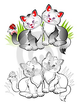 Colorful and black and white page for coloring book for kids. Illustration of two cute little smiling kittens.