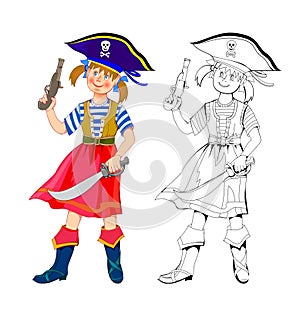 Colorful and black and white page for kids coloring book. Fantasy drawing of cute girl dressed as a pirate. Little robber.