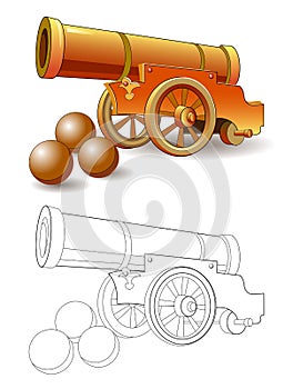 Colorful and black and white pattern for coloring. Fantasy illustration of ancient military cannon and cores for firing.
