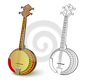 Colorful and black and white pattern for coloring. Illustration of folk stringed musical instrument banjo.