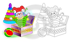 Colorful and black and white pattern for coloring. Set of cute baby toys with clown, ball and pyramid.