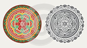 Colorful and black and white round floral element