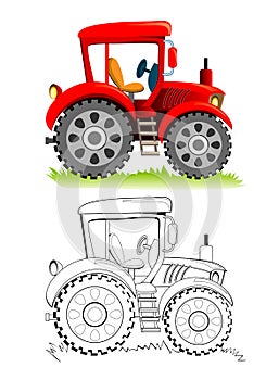 Colorful and black and white template for coloring. Cute toy tractor model. Illustration for boys. Worksheet for kids. Coloring