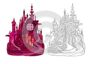 Colorful and black and white template for coloring. Fantasy fairytale medieval gothic castle. Ancient architecture. Worksheet for