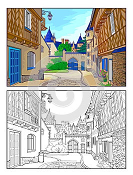 Colorful and black and white template for coloring. Fantasy illustration of a cute medieval French town street. Ancient