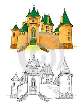 Colorful and black and white template for coloring. Fantasy illustration of a medieval French castle. Ancient architecture.