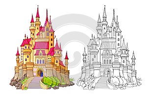 Colorful and black and white template for coloring. Fantasy illustration of a medieval French castle. Ancient architecture.