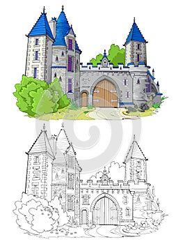 Colorful and black and white template for coloring. Fantasy illustration of a medieval French fortress with gates. Ancient
