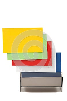 Colorful blank name cards in a box