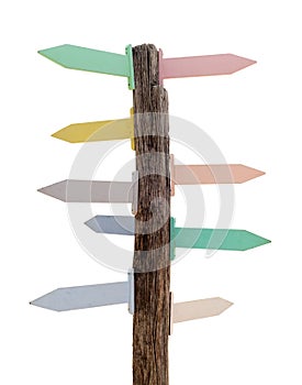 Colorful blank wooden directional beach signs on pole