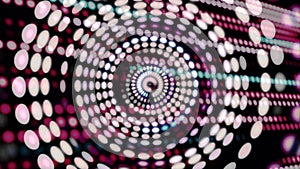 Colorful blinking circles moving in spiral with rows of dots on background, seamless loop. Abstract background with
