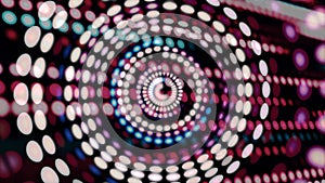 Colorful blinking circles moving in spiral with rows of dots on background, seamless loop. Abstract background with