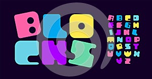 Colorful block style alphabet, unique blocks for childish toy logos, quirky, memorable signage, and standout