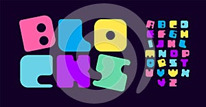 Colorful block style alphabet, unique blocks for childish toy logos, quirky, memorable signage, and standout photo