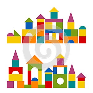 Colorful blocks toy building tower, castle, house