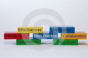 Colorful blocks with the words: Best Practice; Effectiveness; Efficieny; Sustainability; Integration; Collaboration; Objectives, i