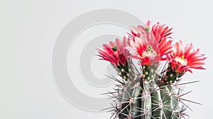Colorful blooming cacti flaunting vibrant blossoms on a pristine white background photo