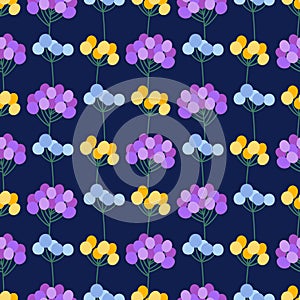 Colorful blooming herbs on a dark blue background, seamless pattern
